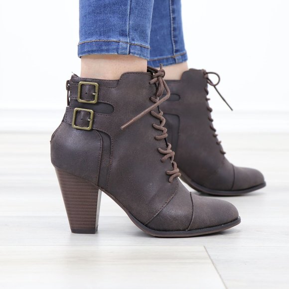 Shoes - Lace-Up Brown Block Cone High Heeled Ankle Boots Pointed Toe